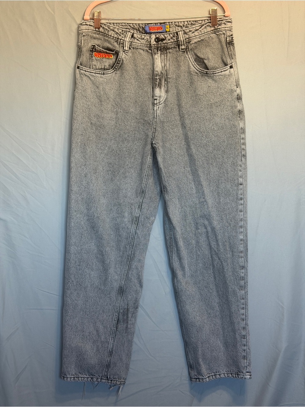 Empyre Mens Acid Wash Baggy Skater Jeans Size 34 Grey Y2K Graffiti Relaxed Fit